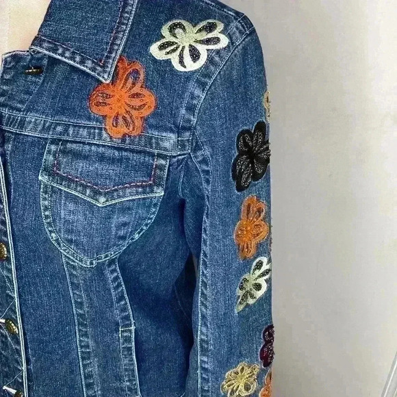 Vintage Ann Trinity Denim Jean Jack with Embroidered Flowers Womens Size Medium - Picture 3 of 6